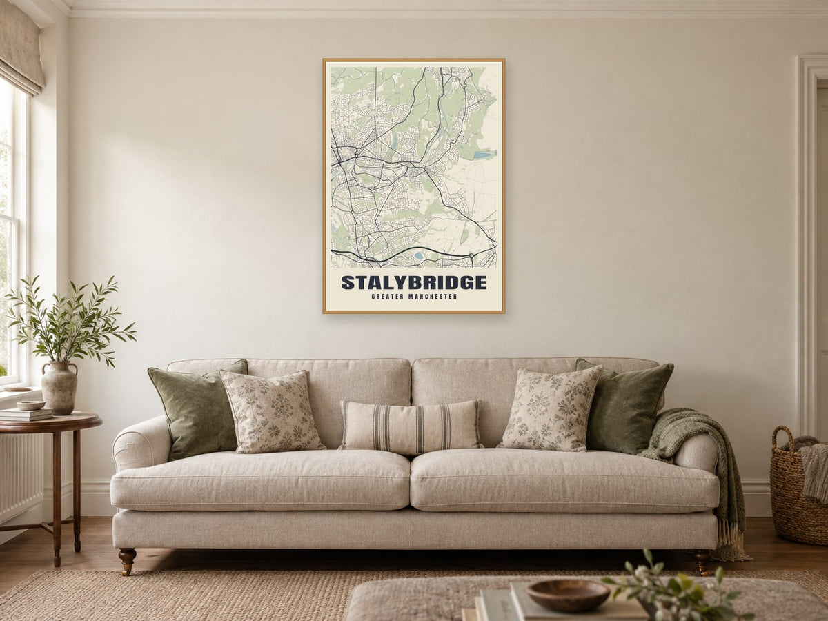 Stalybridge Street Map Poster at A1, in a natural wood frame, in a sitting room