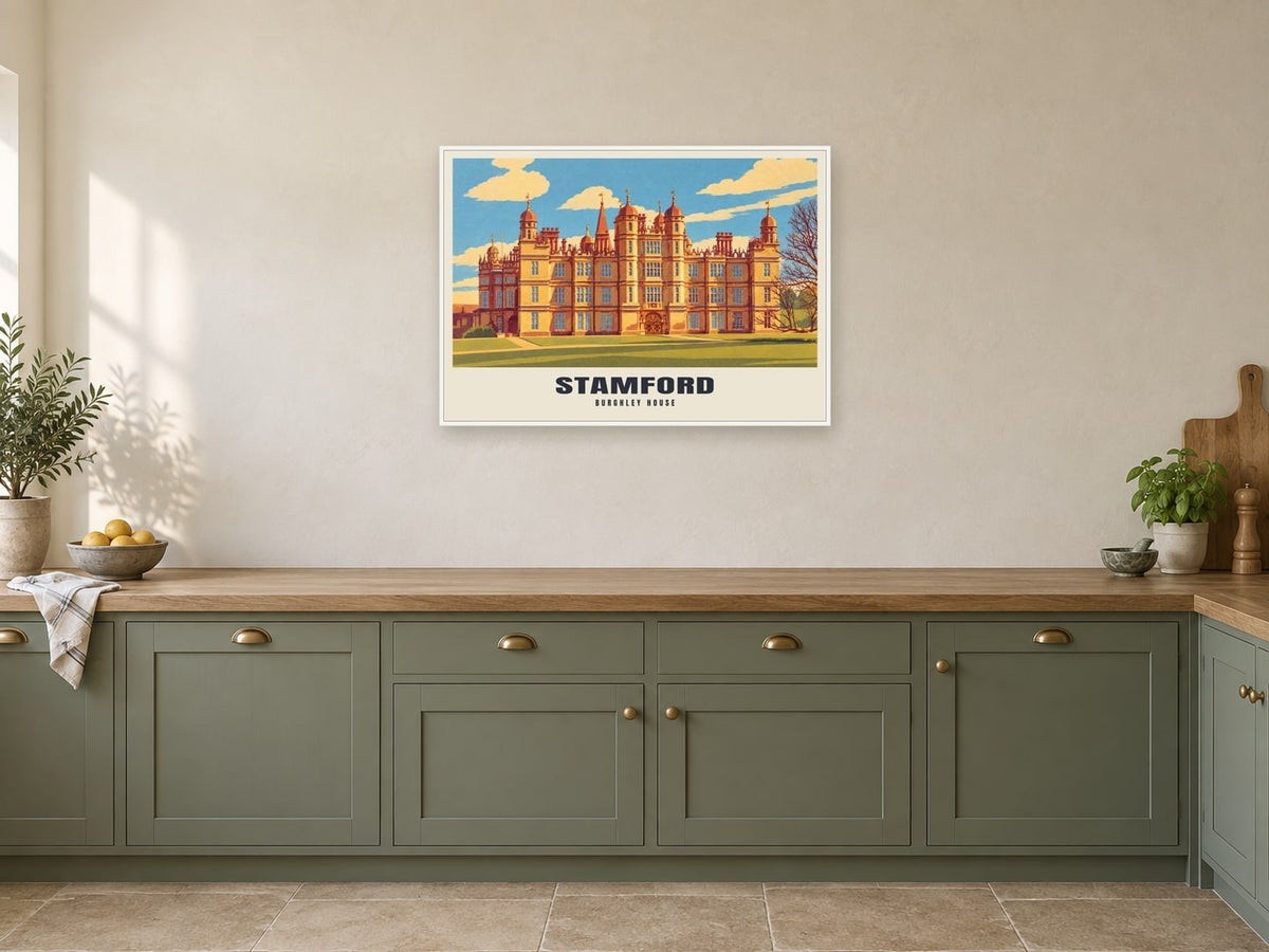 Burghley House, Stamford Poster at A1, in a white frame, in a kitchen