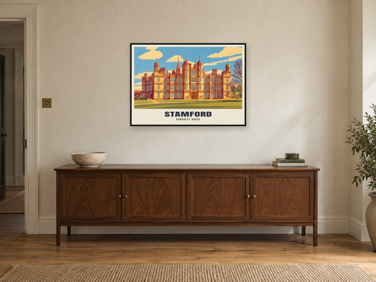Burghley House, Stamford Poster at A1, in a black frame, above a sideboard