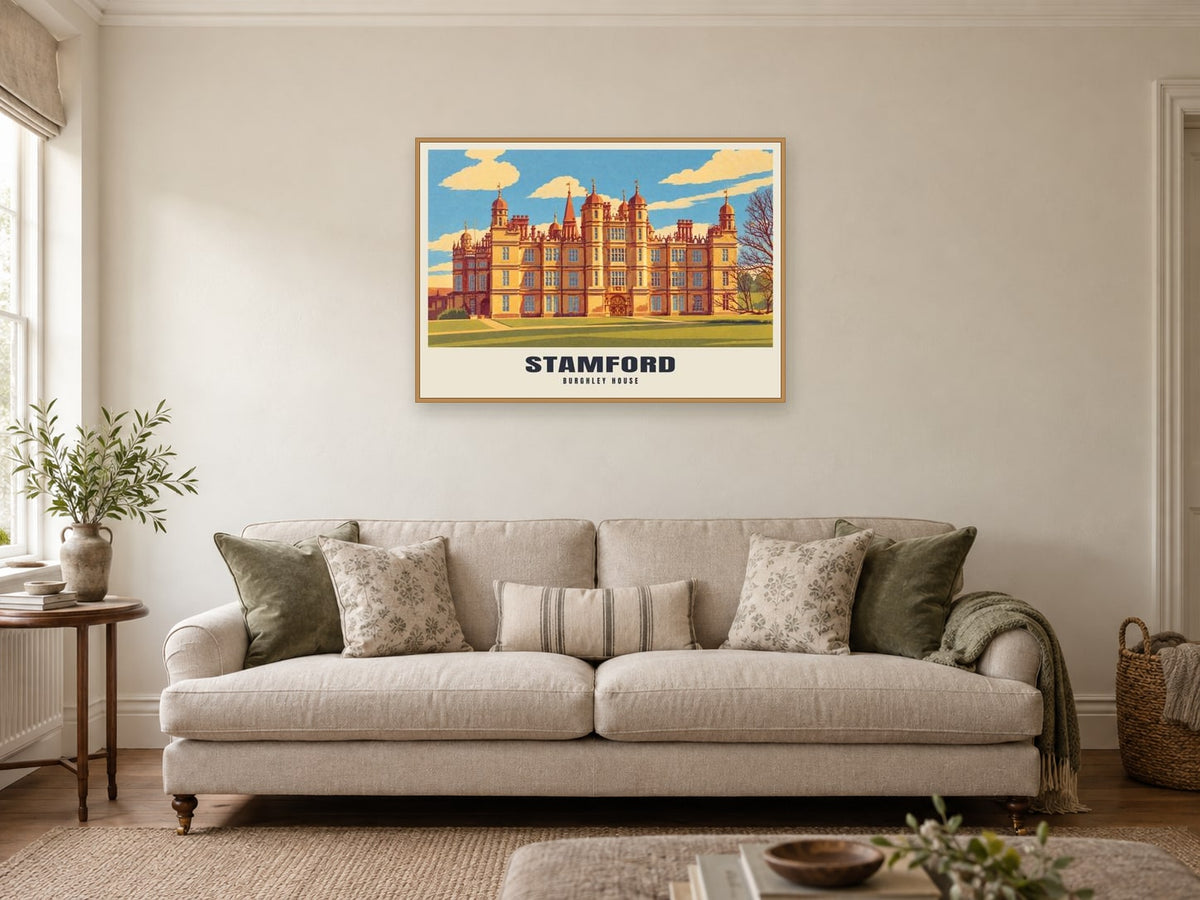 Burghley House, Stamford Poster at A1, in a natural wood frame, in a sitting room