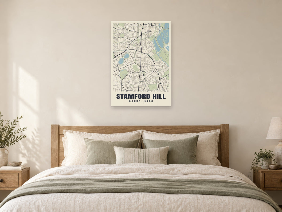 Stamford Hill Heritage Street Map Poster at A1, as a poster, above a bed