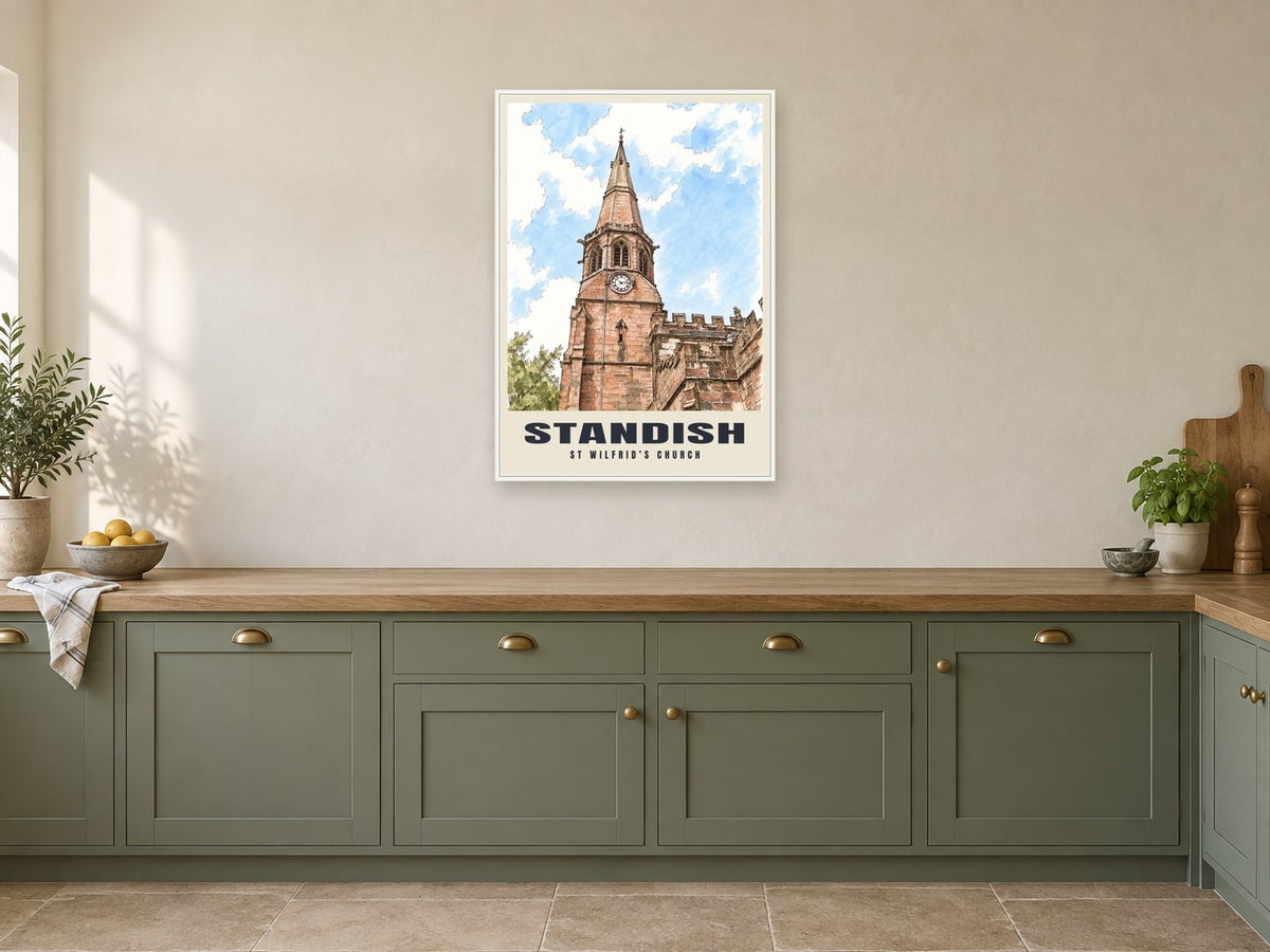St Wilfrid’s Church, Standish Poster at A1, in a white frame, in a kitchen