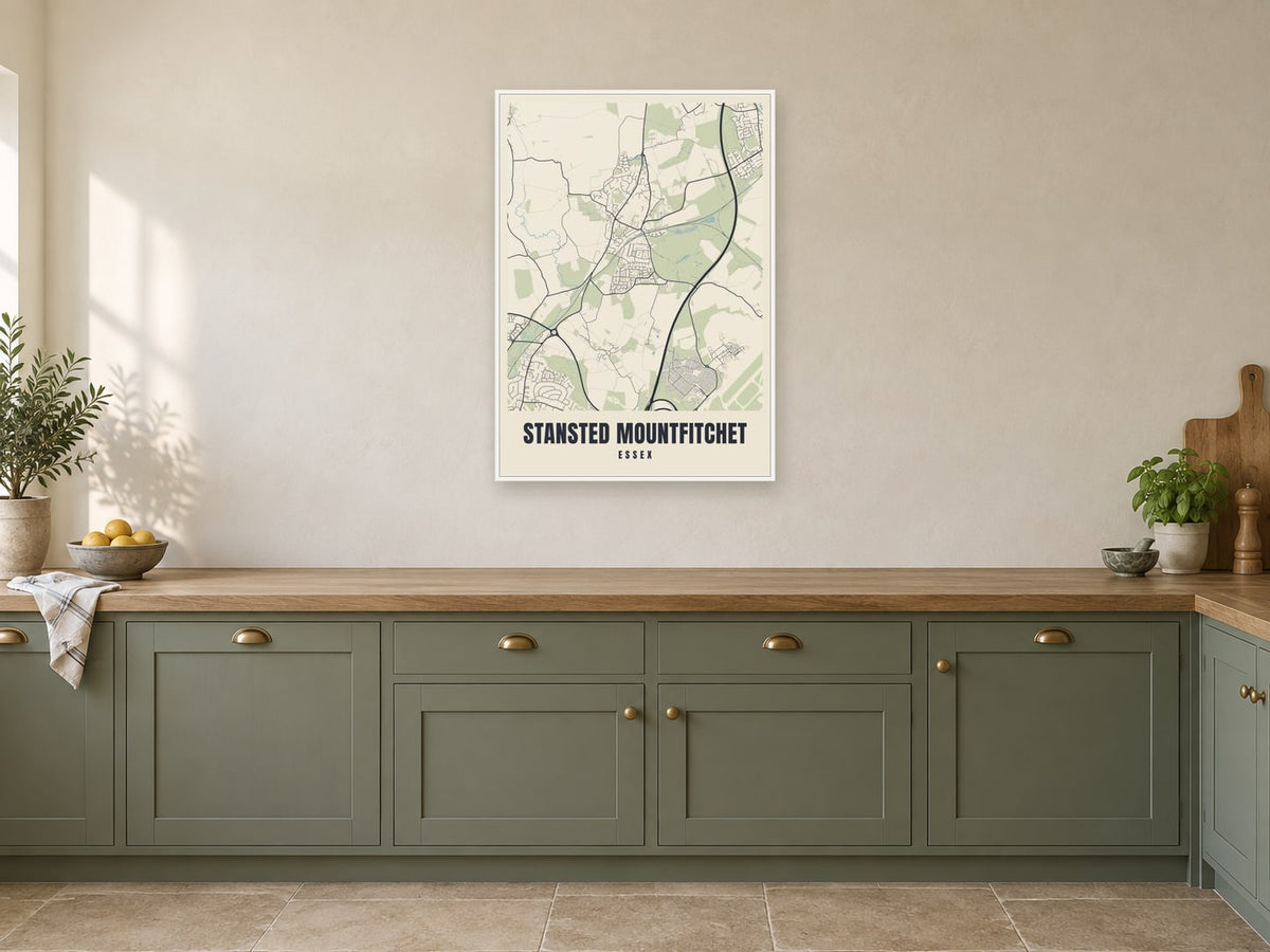 Stansted Mountfitchet Street Map Poster at A1, in a white frame, in a kitchen