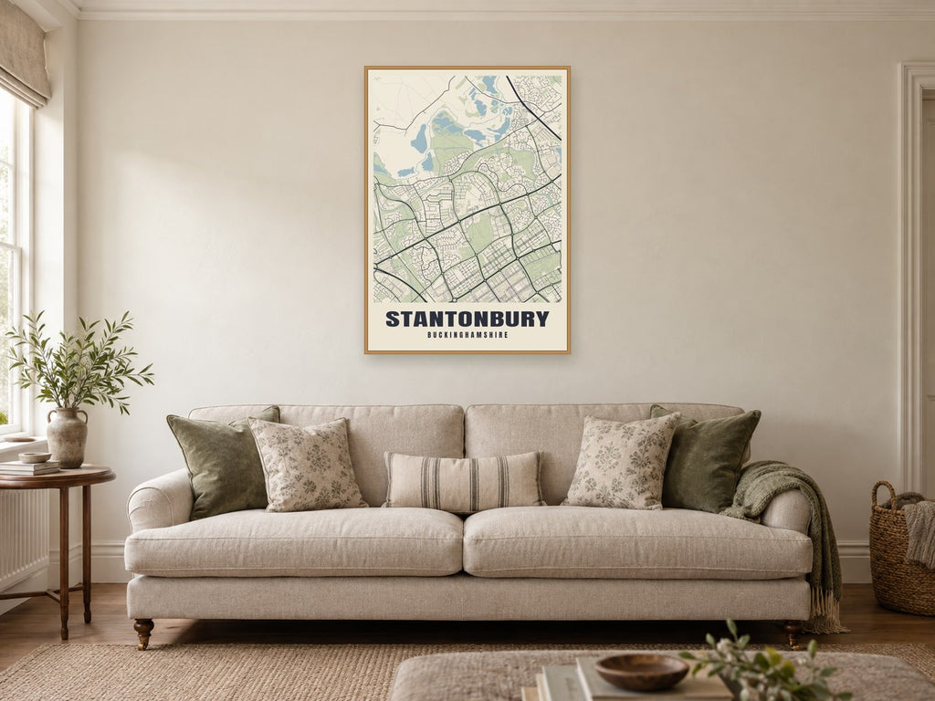 Stantonbury Street Map Poster at A1, in a natural wood frame, in a sitting room