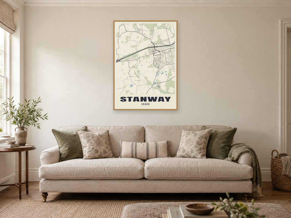 Stanway Street Map Poster at A1, in a natural wood frame, in a sitting room