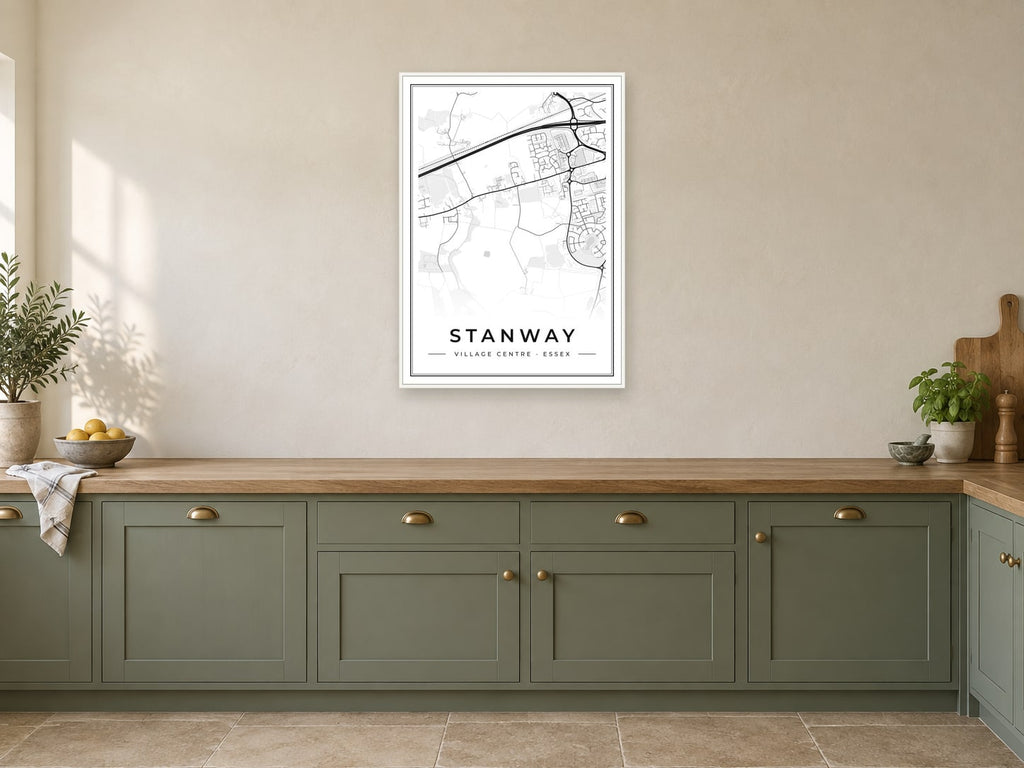 Stanway Village Centre Street Map Poster at A1, in a white frame, in a kitchen