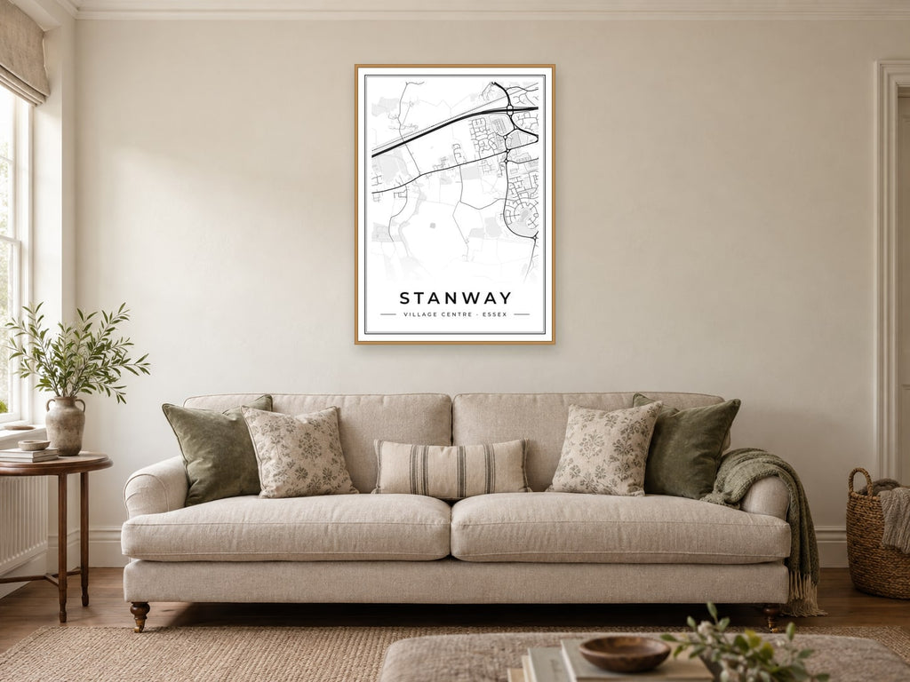 Stanway Village Centre Street Map Poster at A1, in a natural wood frame, in a sitting room