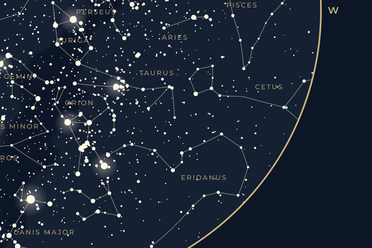 Close-up of the Reading star map at full print size: Orion, Taurus, the Pleiades and Sirius