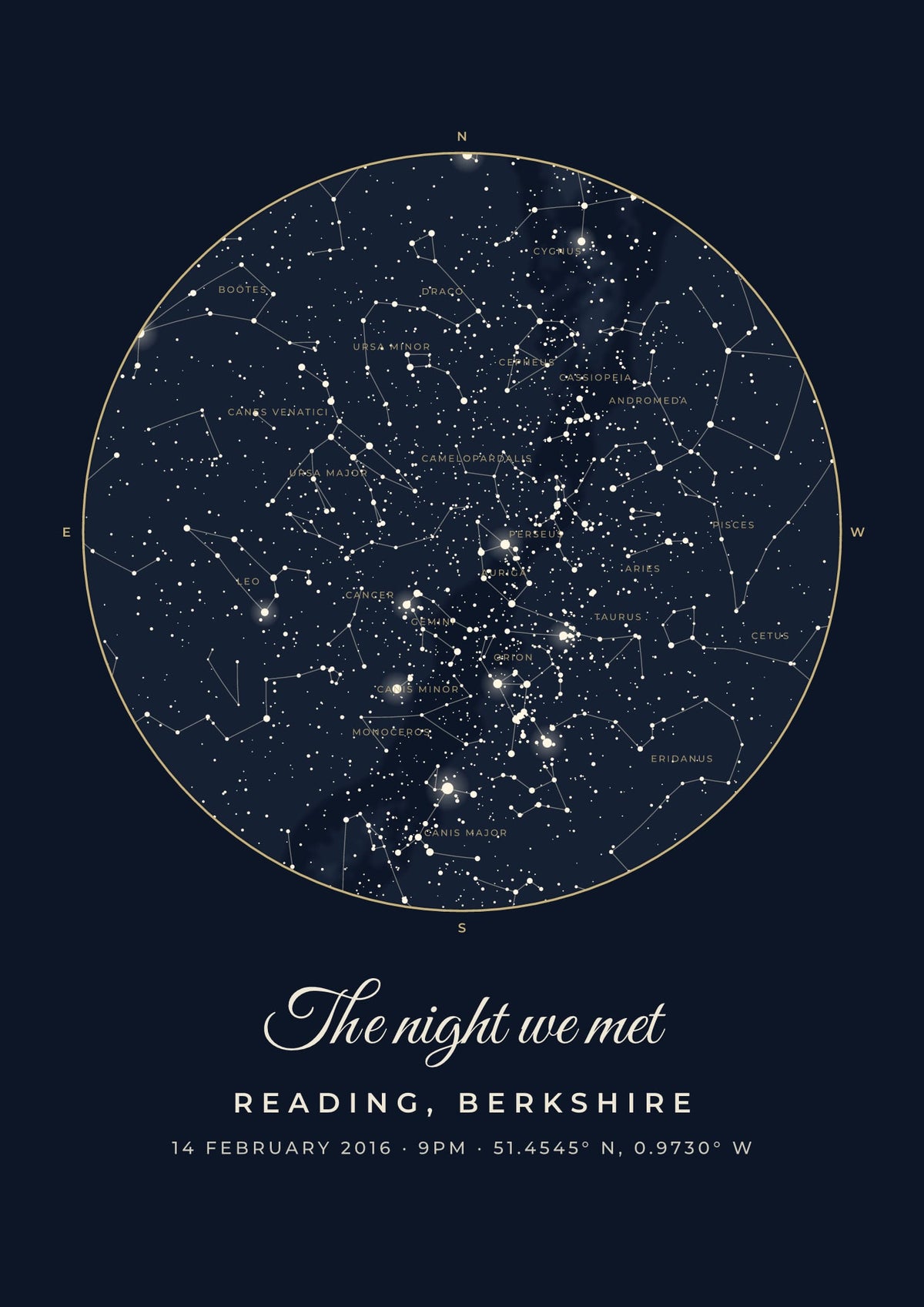Star map poster of the night sky over Reading at 9pm on 14 February 2016, in the Midnight design with the constellations named