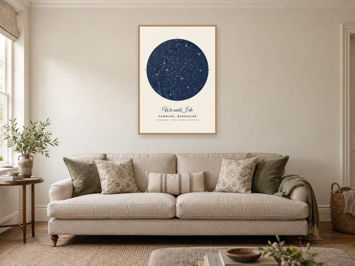 Star map of the sky over Sonning in the Harbour design, in a natural wood frame, in a sitting room