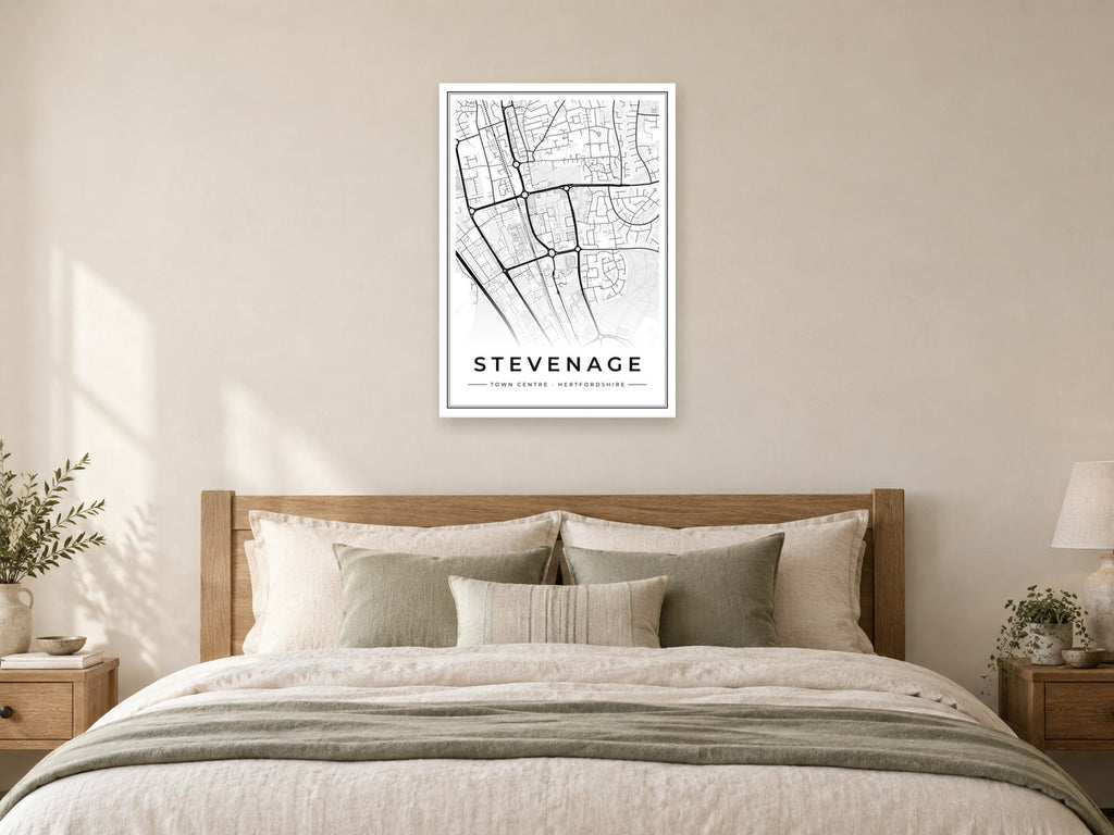 Stevenage Town Centre Street Map Poster at A1, as a poster, above a bed