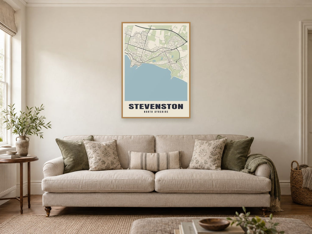 Stevenston Street Map Poster at A1, in a natural wood frame, in a sitting room