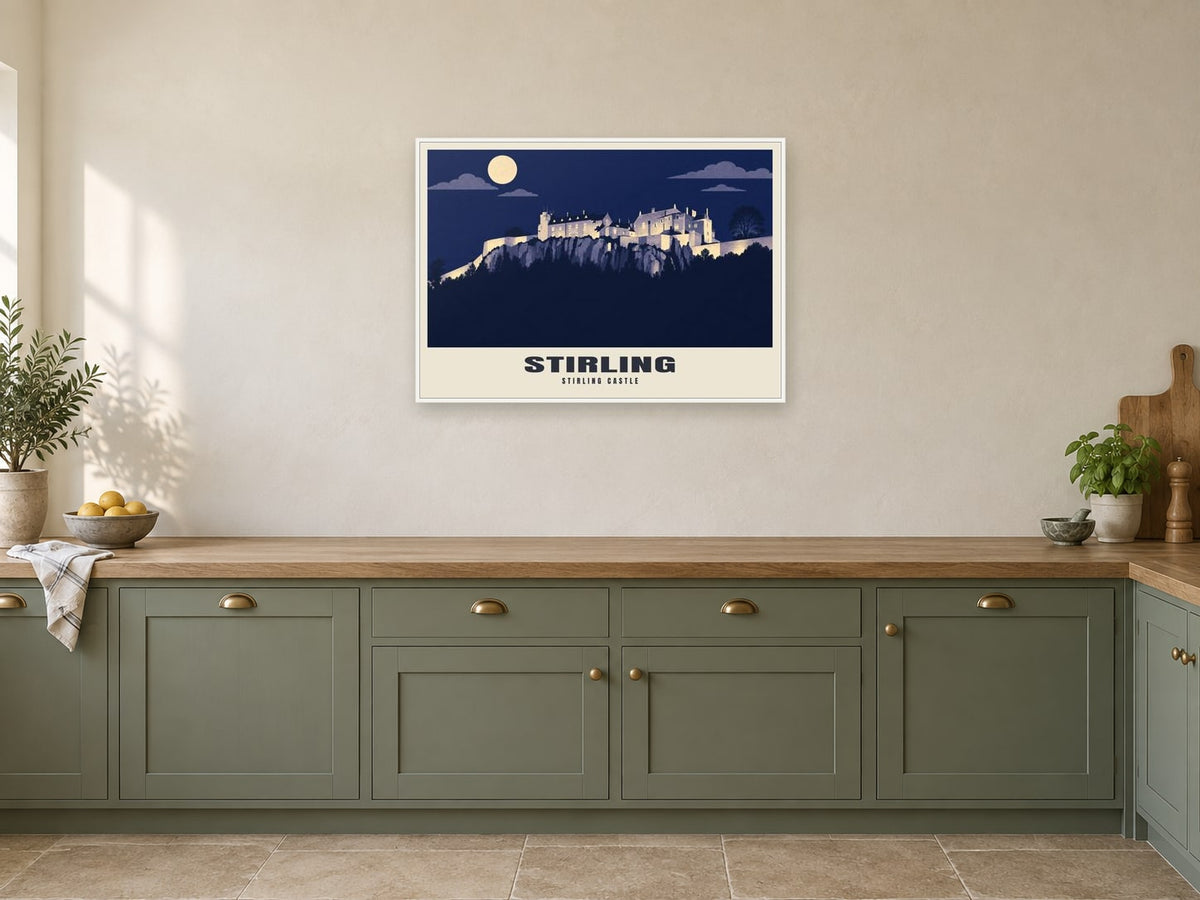 Stirling Castle Poster at A1, in a white frame, in a kitchen