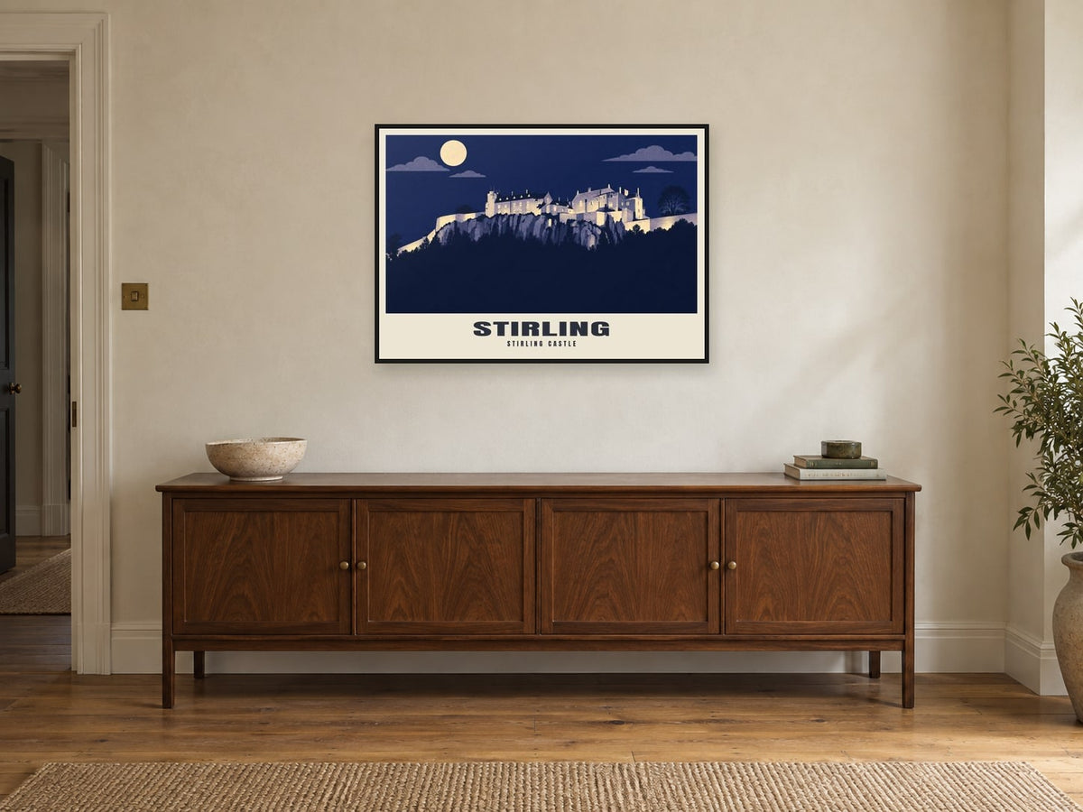 Stirling Castle Poster at A1, in a black frame, above a sideboard
