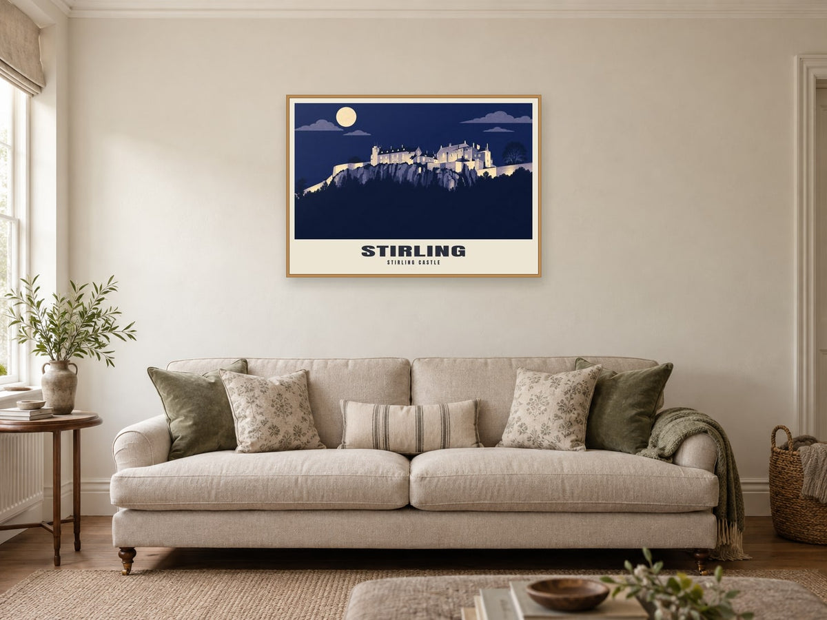 Stirling Castle Poster at A1, in a natural wood frame, in a sitting room