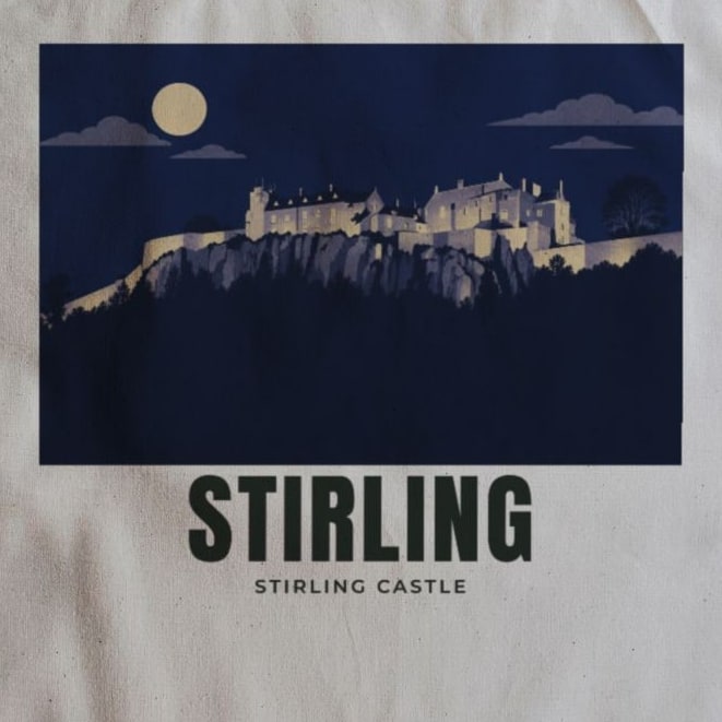 Close-up of the Stirling Castle drawing and lettering printed on natural cotton