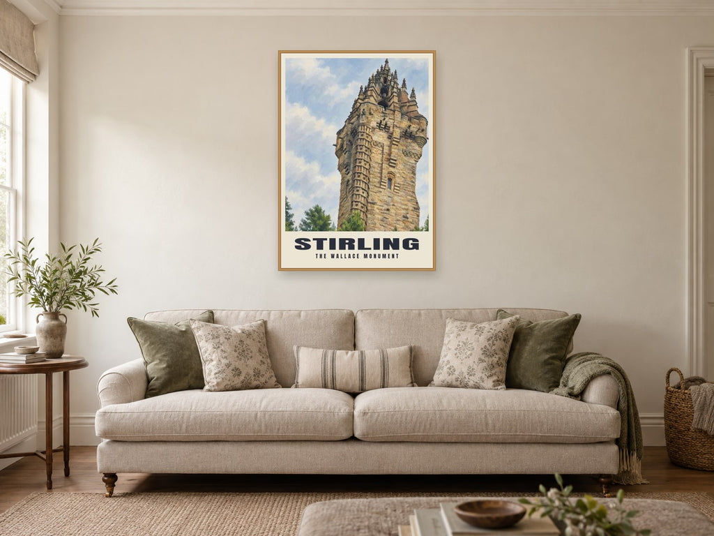 The Wallace Monument, Stirling Poster at A1, in a natural wood frame, in a sitting room
