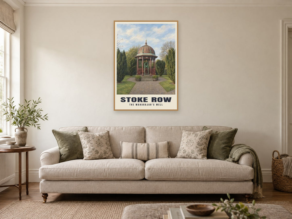 The Maharajah's Well, Stoke Row Poster at A1, in a natural wood frame, in a sitting room
