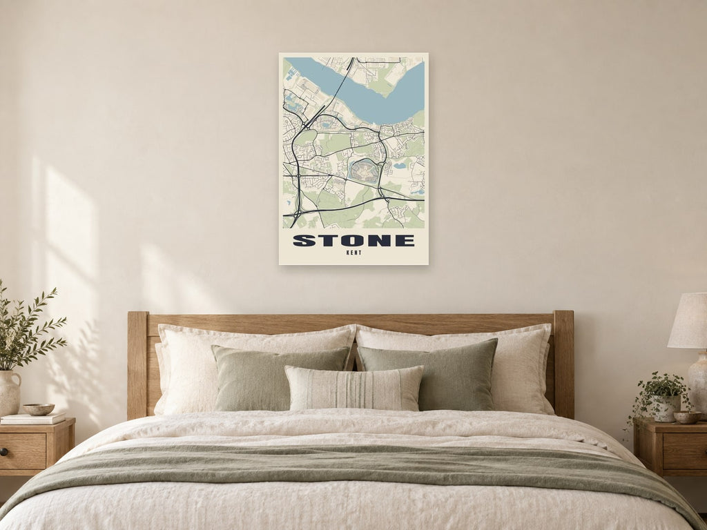 Stone Street Map Poster at A1, as a poster, above a bed