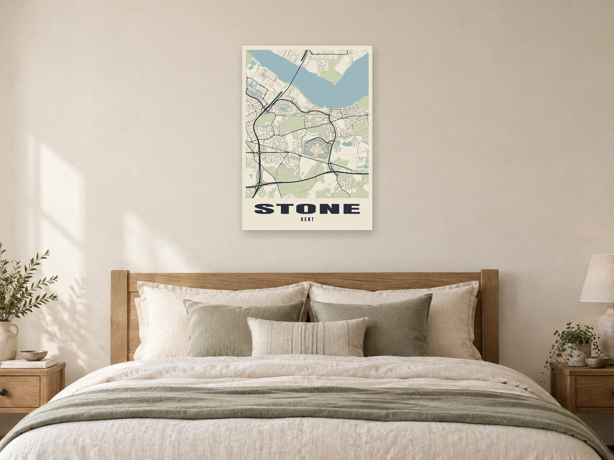 Stone Street Map Poster at A1, as a poster, above a bed