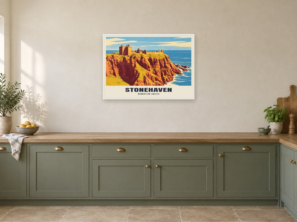 Dunnottar Castle, Stonehaven Poster at A1, in a white frame, in a kitchen