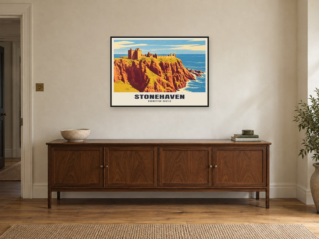 Dunnottar Castle, Stonehaven Poster at A1, in a black frame, above a sideboard