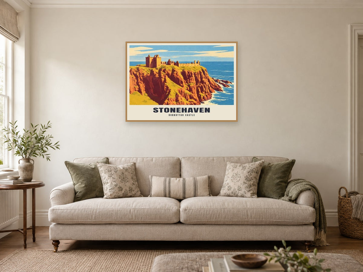 Dunnottar Castle, Stonehaven Poster at A1, in a natural wood frame, in a sitting room