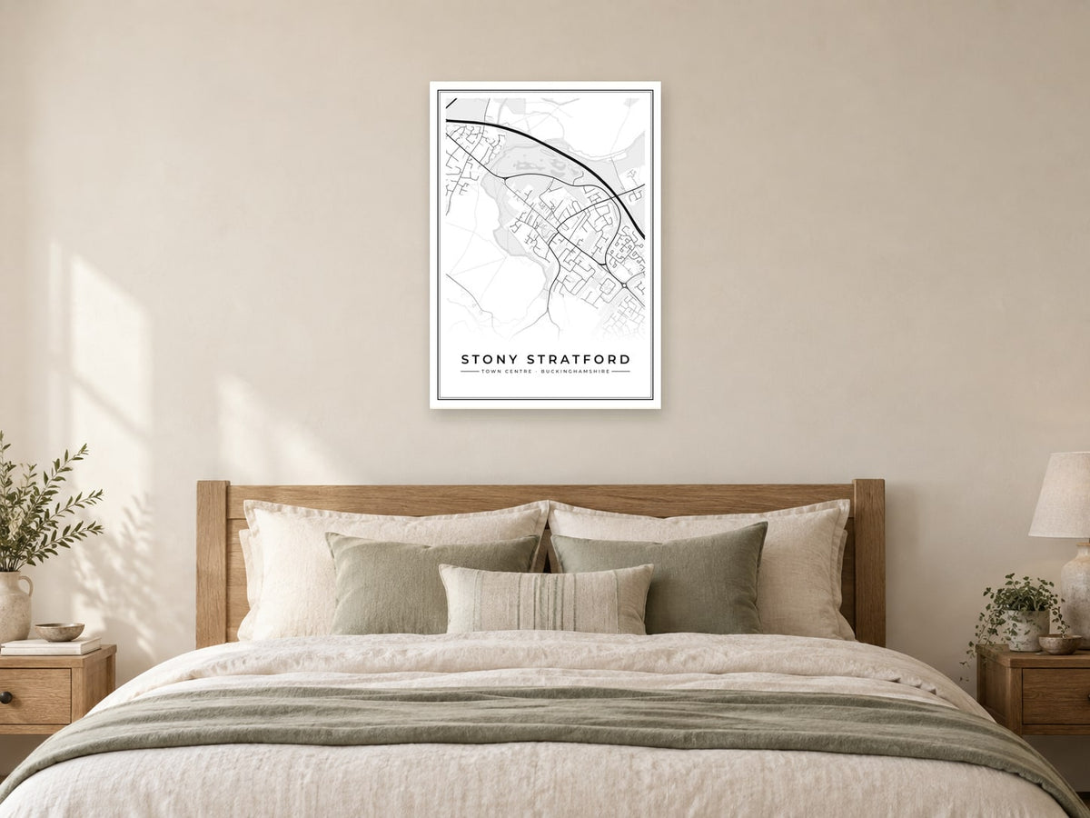 Stony Stratford Town Centre Street Map Poster at A1, as a poster, above a bed