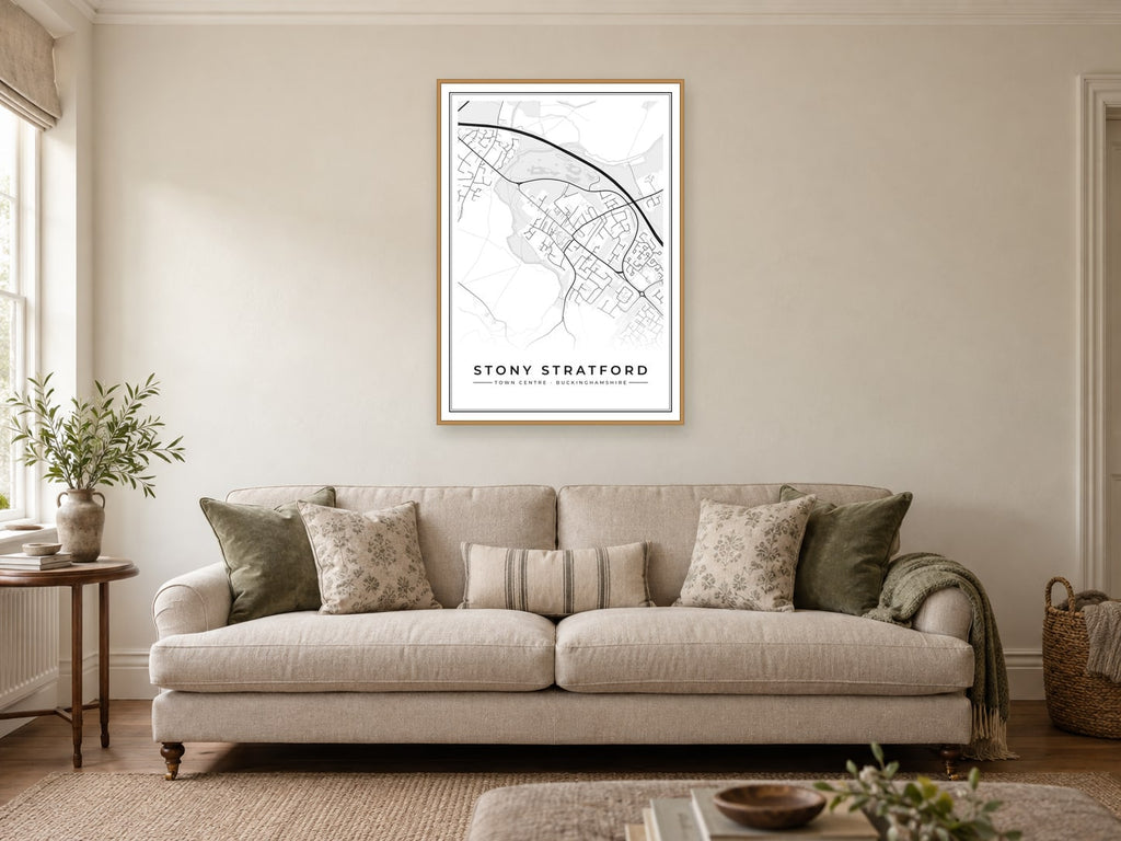Stony Stratford Town Centre Street Map Poster at A1, in a natural wood frame, in a sitting room