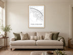 Stony Stratford Town Centre Street Map Poster at A1, in a natural wood frame, in a sitting room