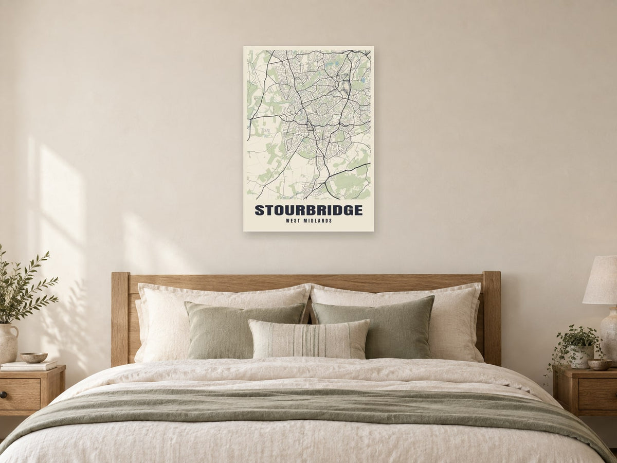 Stourbridge Street Map Poster at A1, as a poster, above a bed