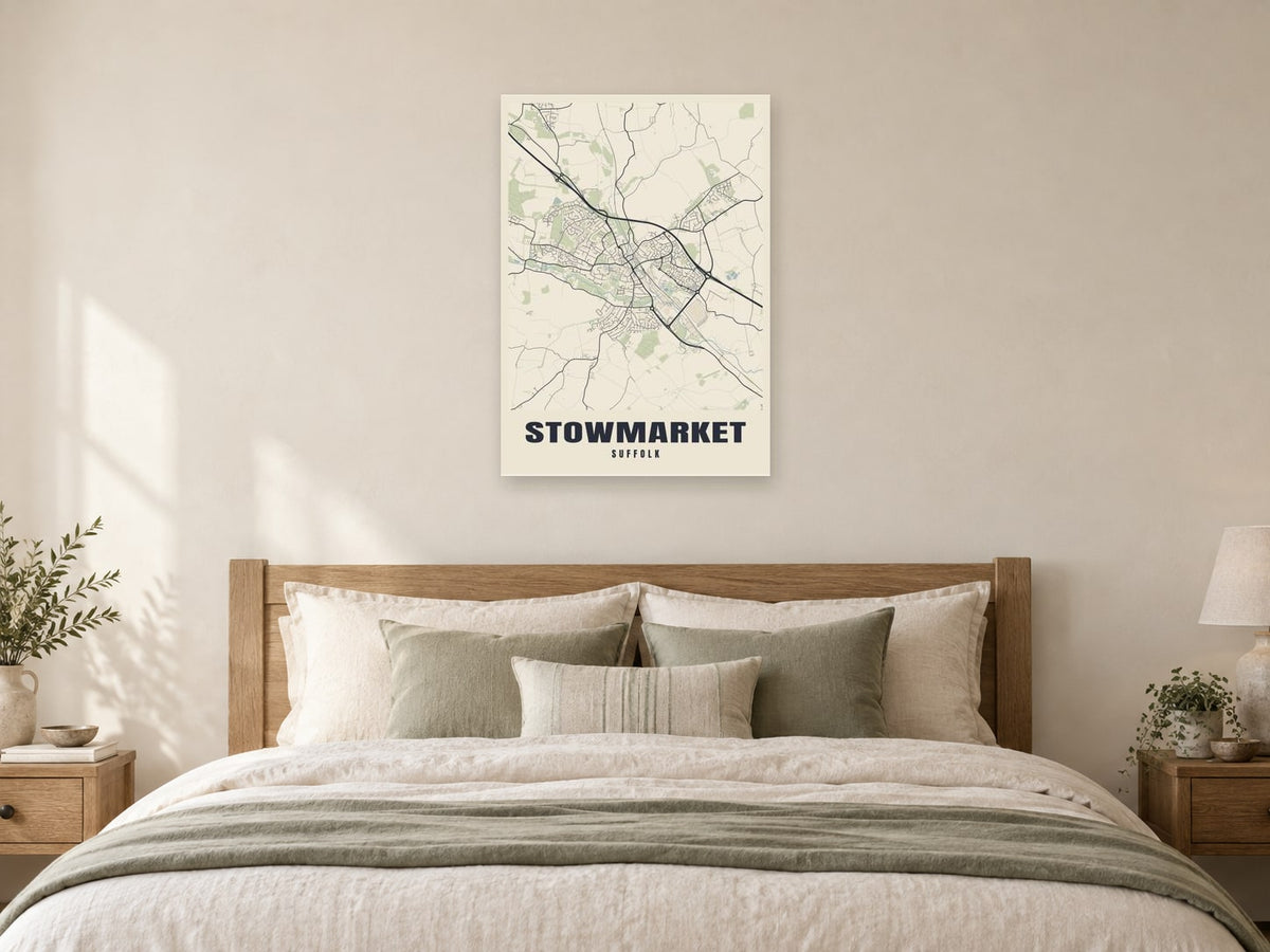 Stowmarket Street Map Poster at A1, as a poster, above a bed