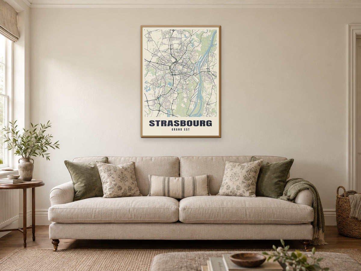 Strasbourg Street Map Poster at A1, in a natural wood frame, in a sitting room