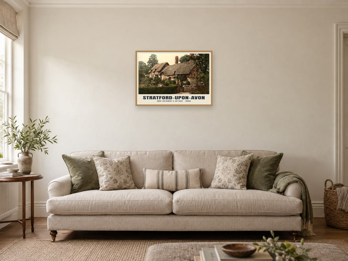 Anne Hathaway's Cottage, Stratford-upon-Avon, 1890s Heritage Print at A2, in a natural wood frame, in a sitting room