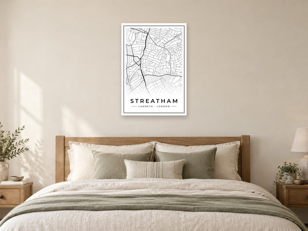 Streatham Street Map Poster at A1, as a poster, above a bed
