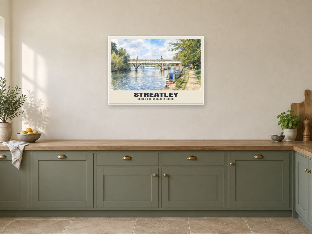 Goring and Streatley Bridge Poster at A1, in a white frame, in a kitchen