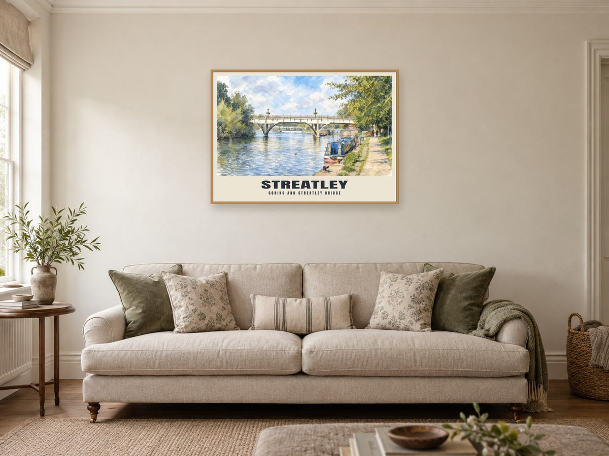 Goring and Streatley Bridge Poster at A1, in a natural wood frame, in a sitting room