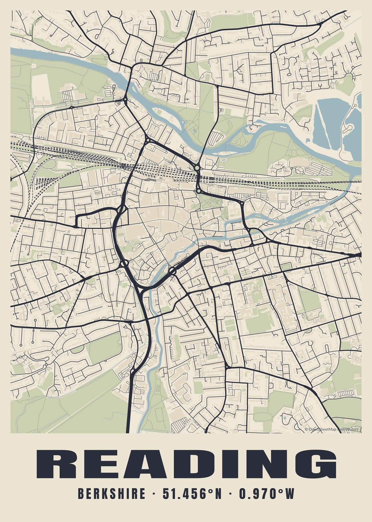 Street map poster of Reading town centre in the Heritage design, with the town's name and coordinates in the band