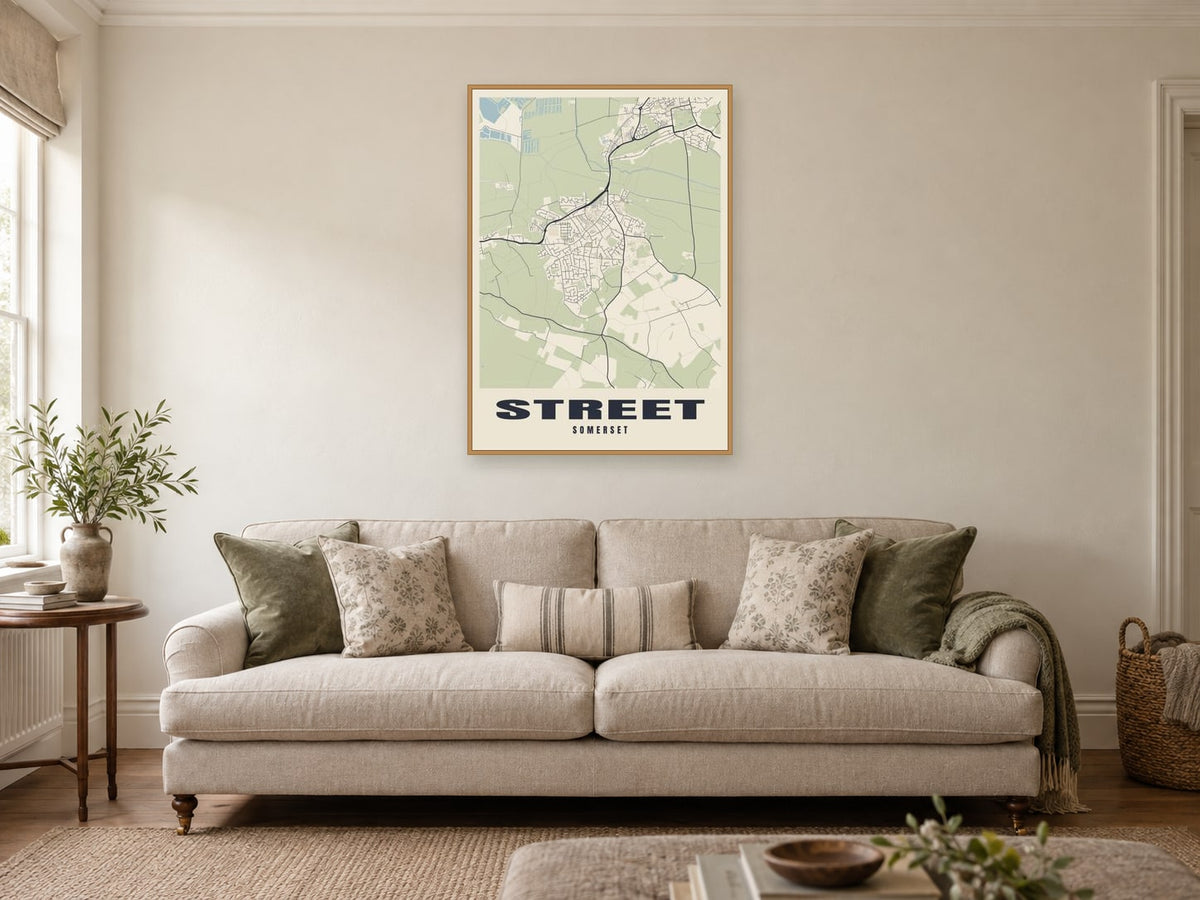 Street Street Map Poster at A1, in a natural wood frame, in a sitting room