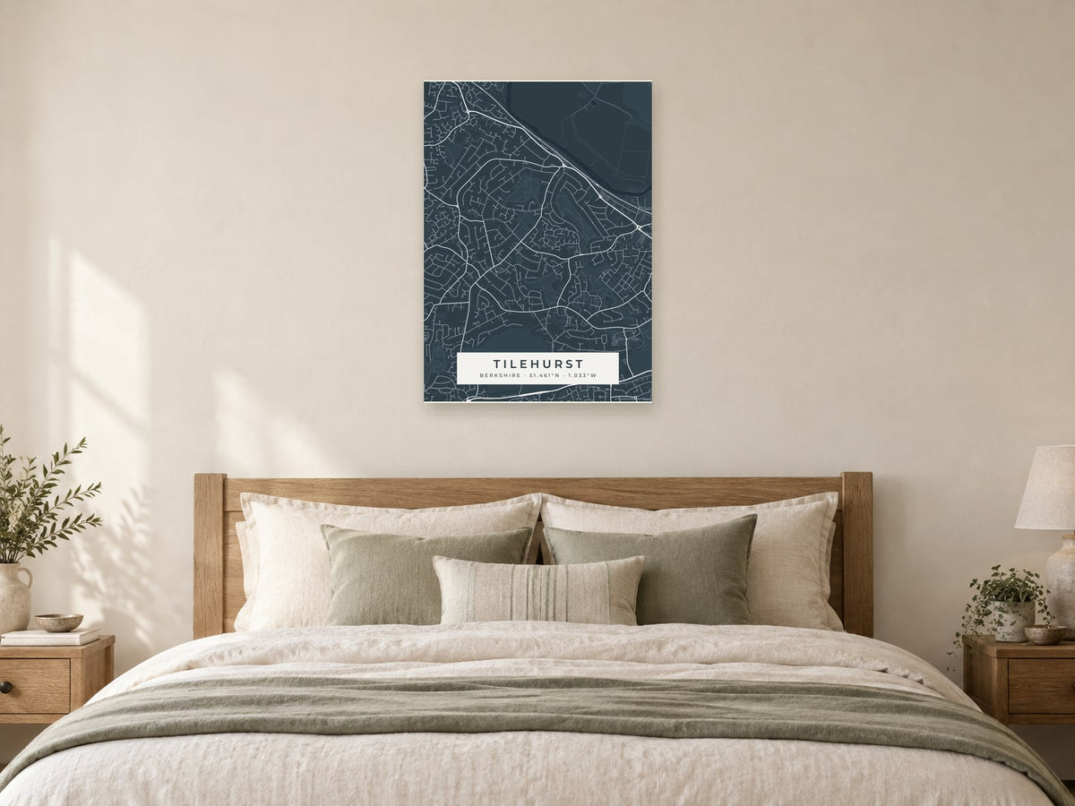 Tilehurst street map in the Slate design, as a poster, above a bed
