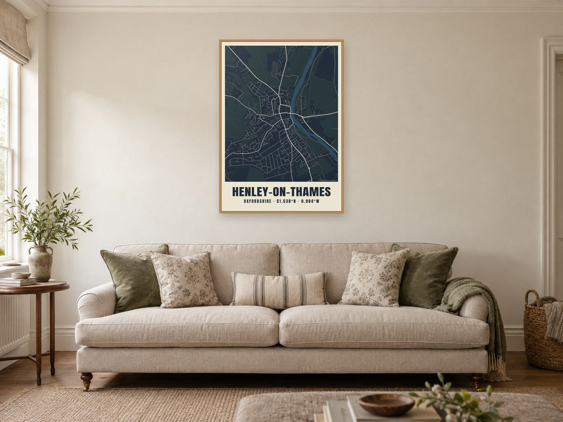 Henley-on-Thames street map in the Midnight design, in a natural wood frame, in a sitting room
