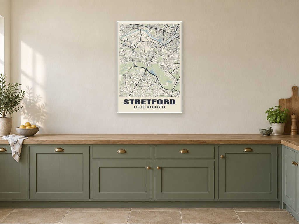 Stretford Street Map Poster at A1, in a white frame, in a kitchen