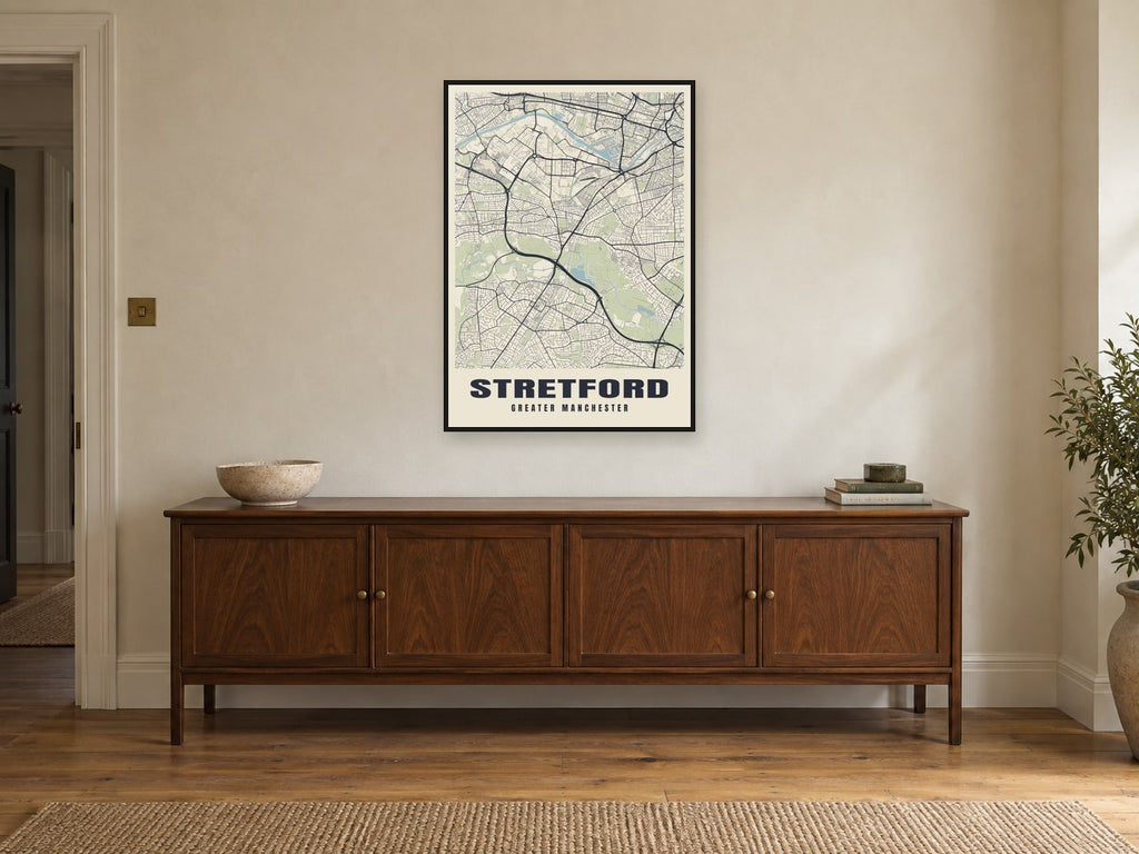 Stretford Street Map Poster at A1, in a black frame, above a sideboard