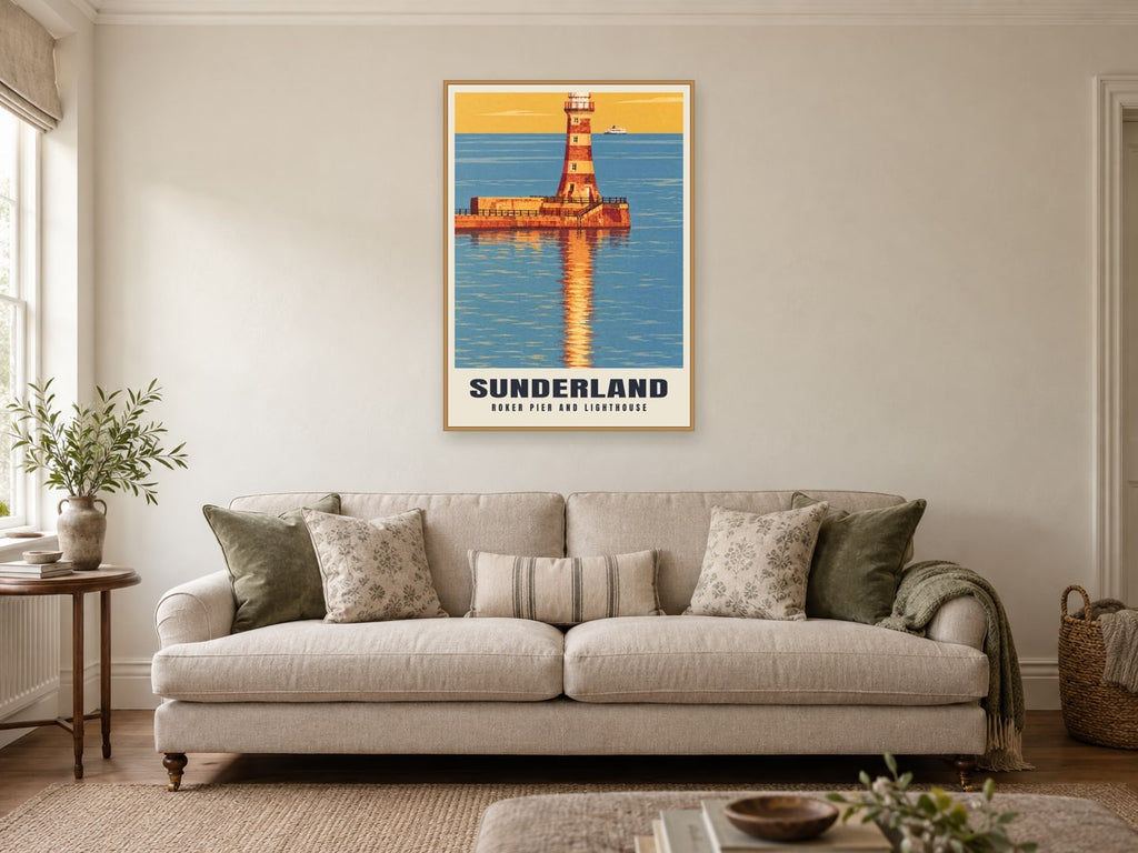 Roker Pier and lighthouse, Sunderland Poster at A1, in a natural wood frame, in a sitting room