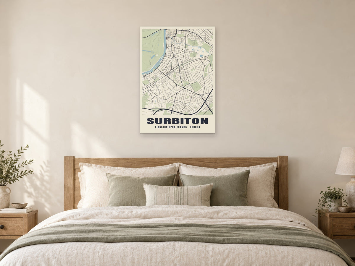Surbiton Heritage Street Map Poster at A1, as a poster, above a bed