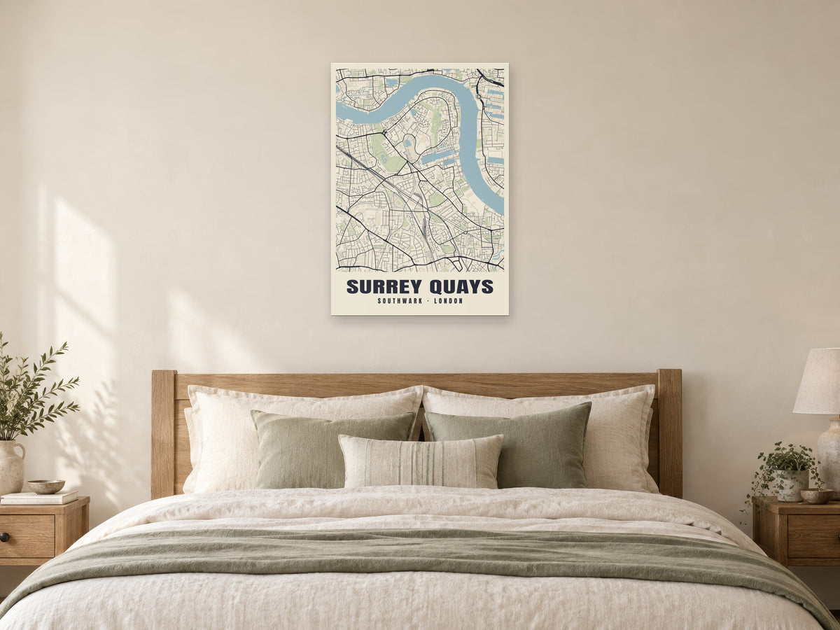 Surrey Quays Heritage Street Map Poster at A1, as a poster, above a bed