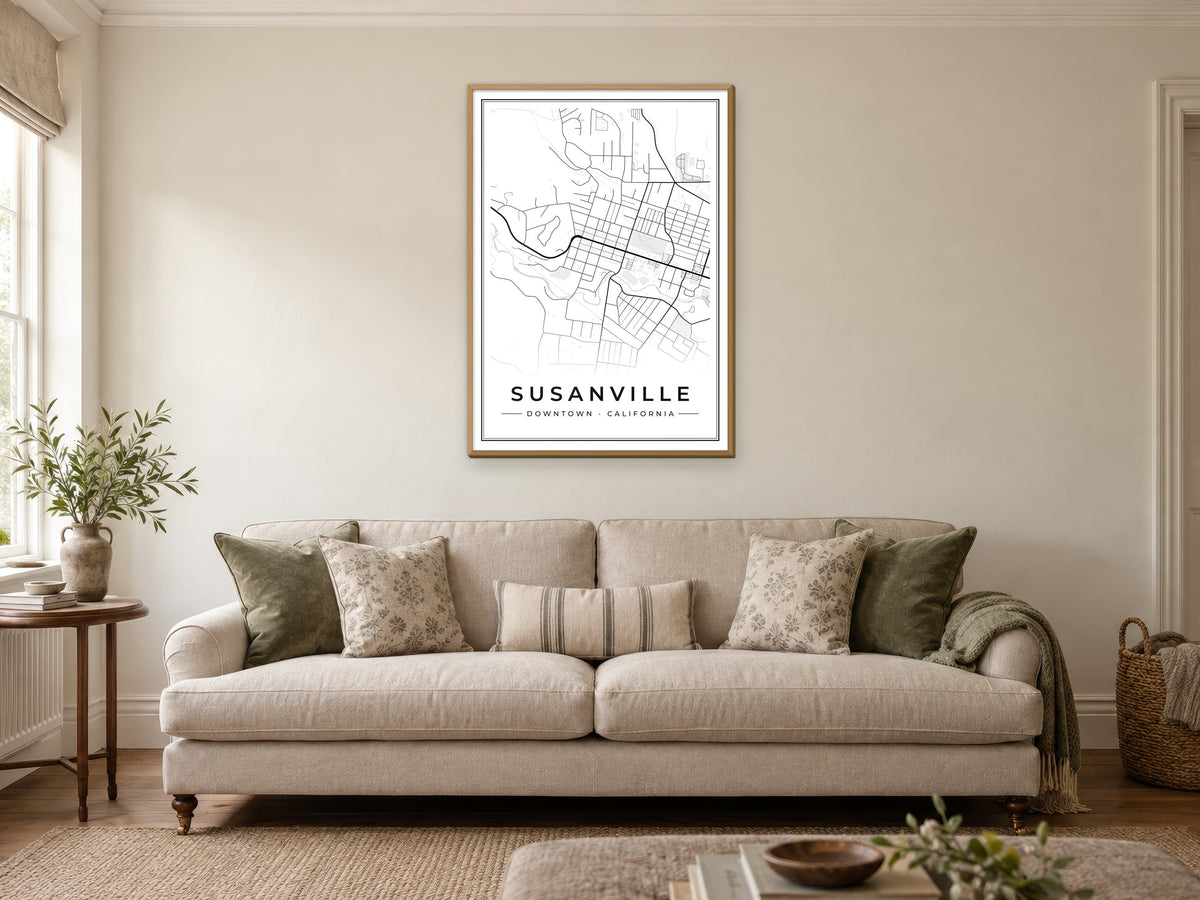 Susanville Downtown Street Map Poster at A1, in a natural wood frame, in a sitting room