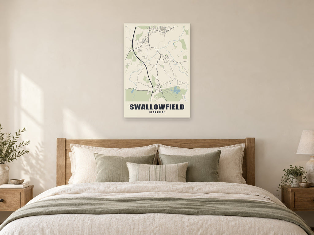 Swallowfield Street Map Poster at A1, as a poster, above a bed