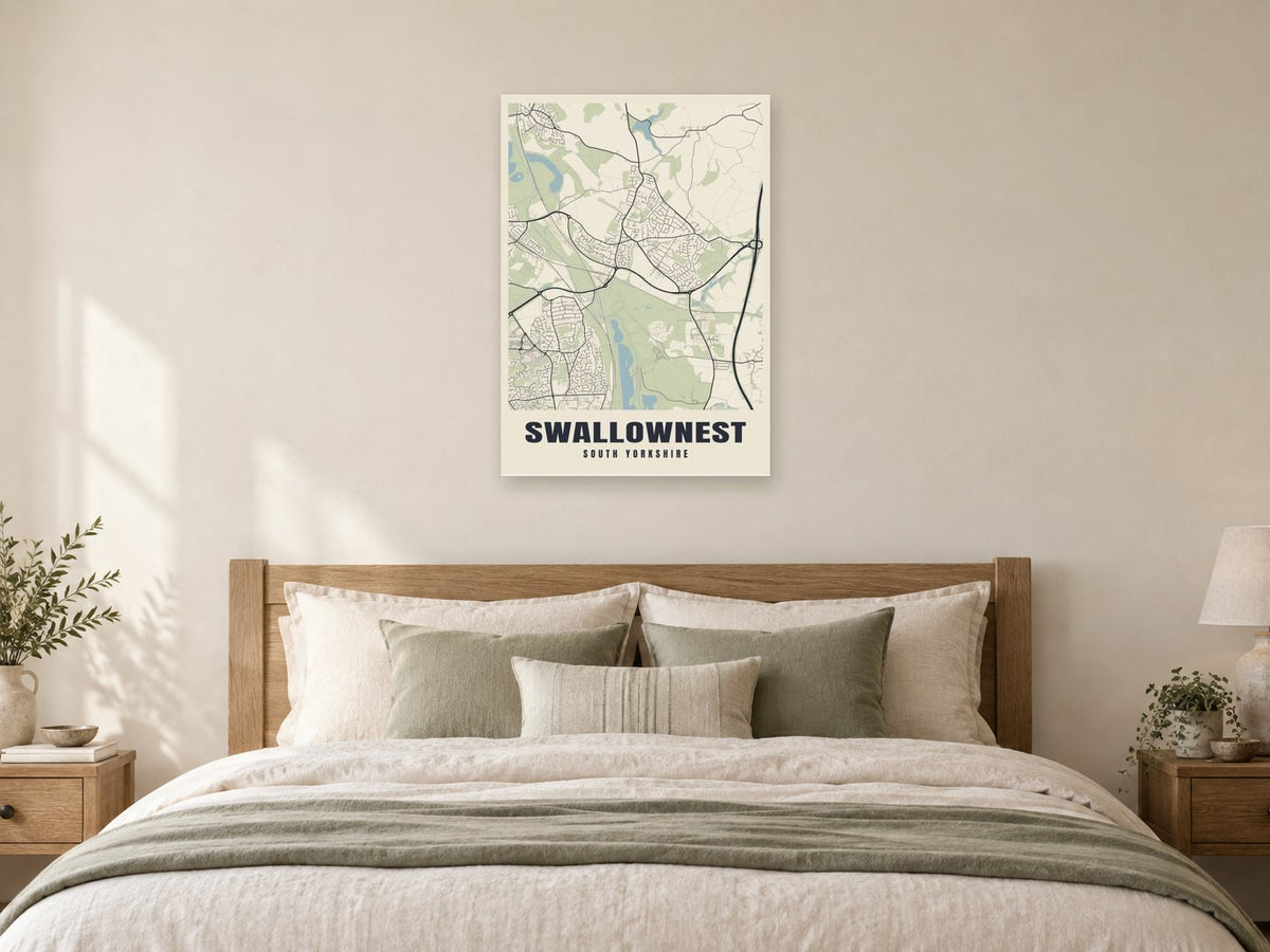 Swallownest Street Map Poster at A1, as a poster, above a bed