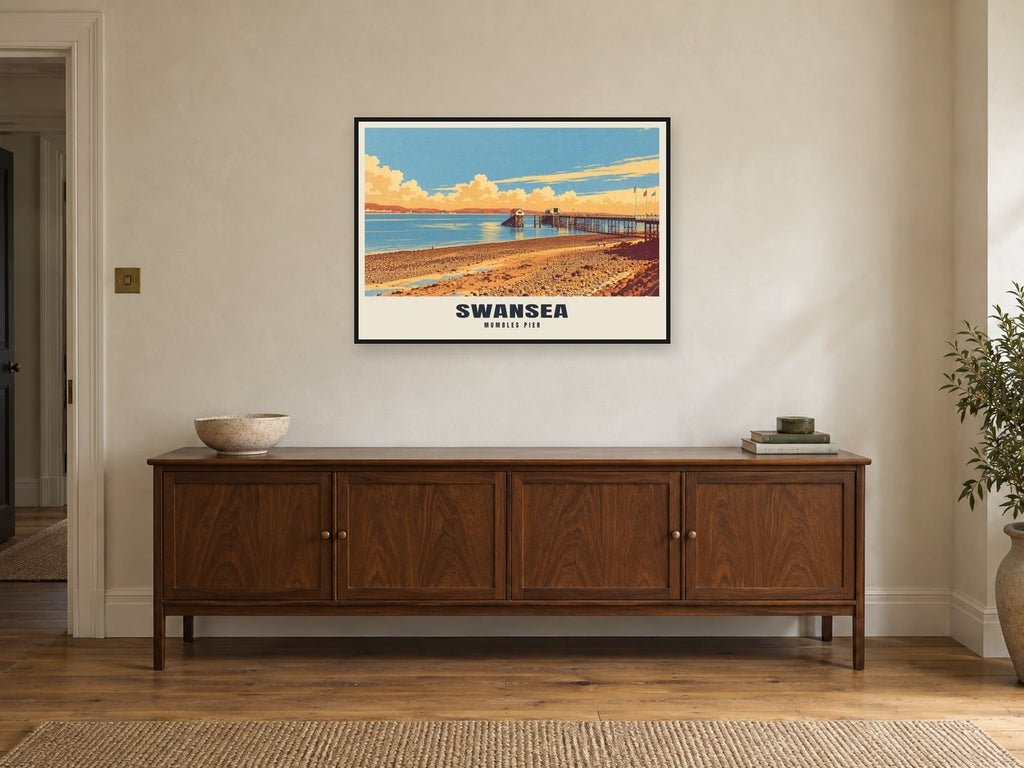Mumbles Pier, Swansea Poster at A1, in a black frame, above a sideboard